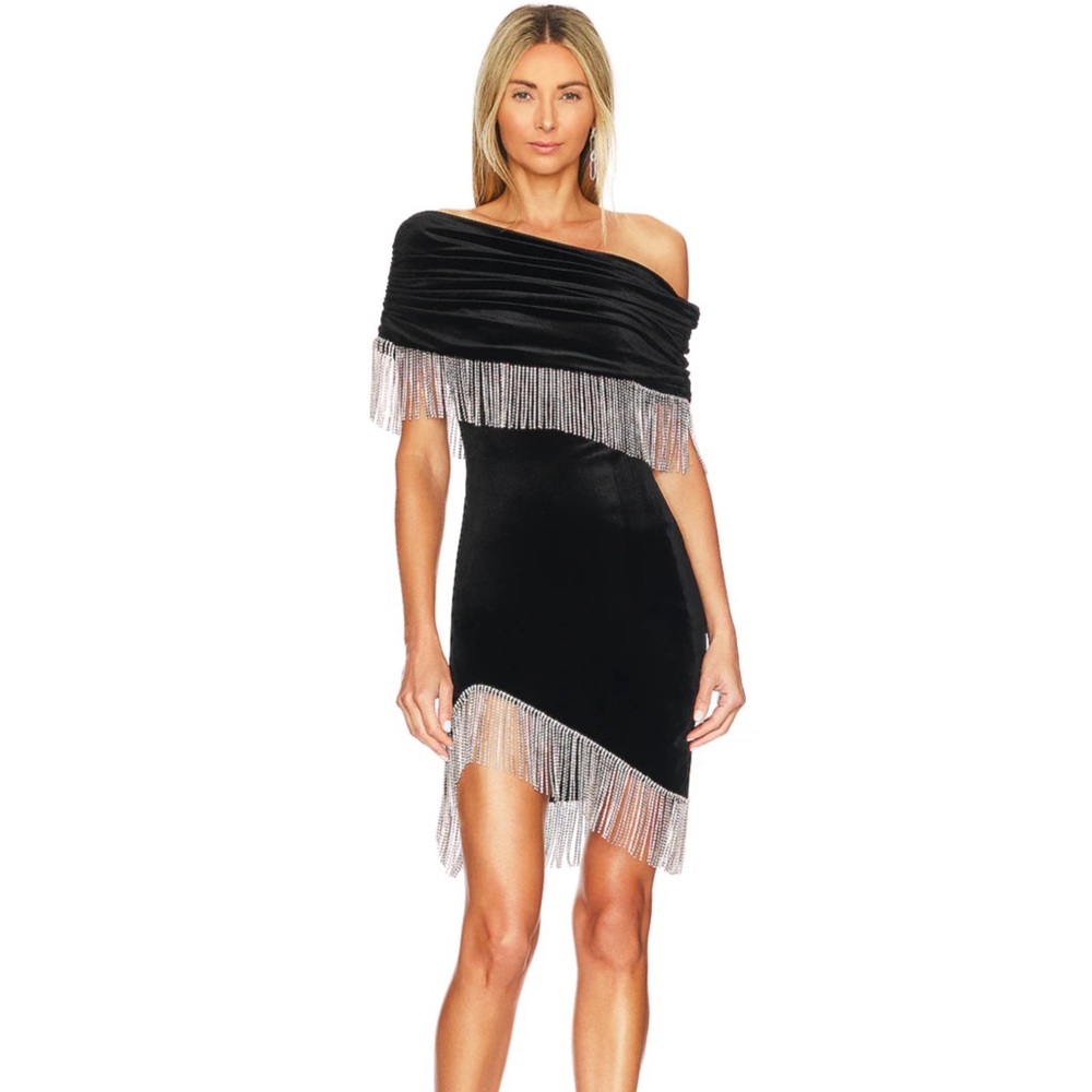 REVOLVE SONG OF STYLE NWT Black Velvet Rhinestone Fringe Off The Shoulder Dress